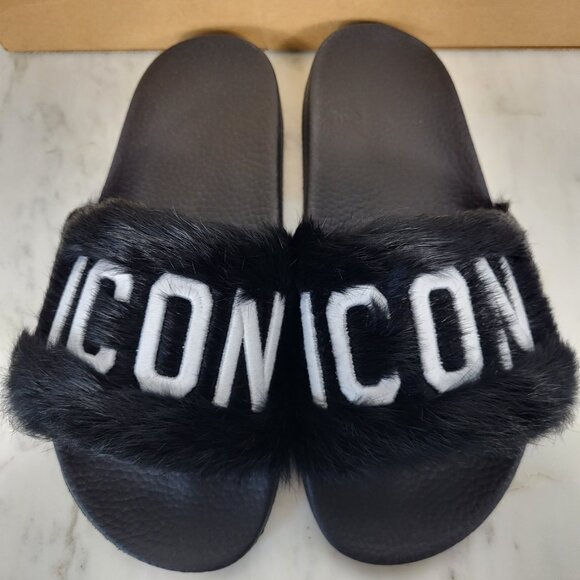 NWB~$825~DSQUARED2~8/8.5~ICON BLACK WHITE GENUINE RABBIT FUR SANDALS SLIDES - Picture 13 of 16